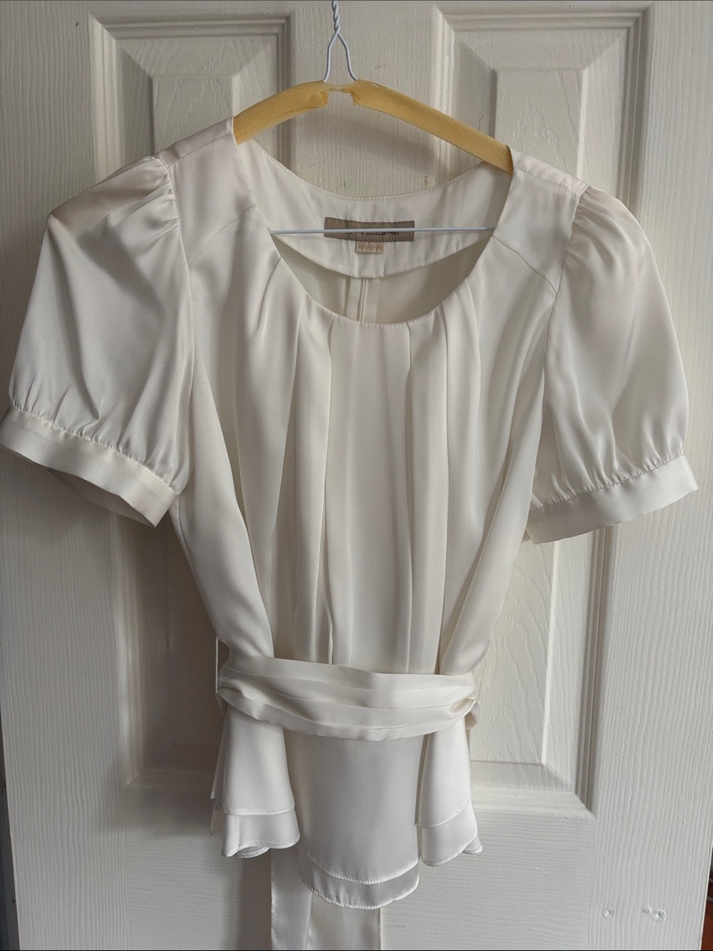 Cream Pleated Short-Sleeve Blouse with Waist Tie